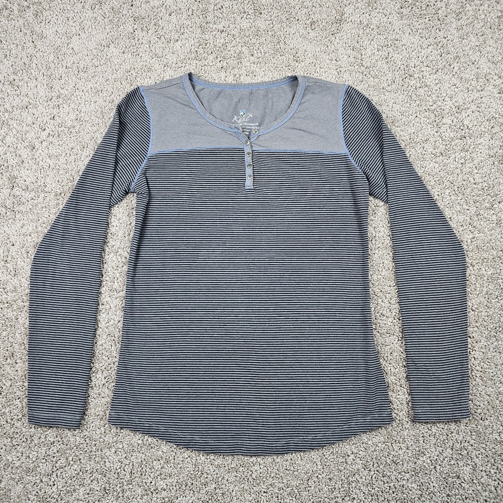 Kuhl Womens S Veloce Henley Gray Striped V Neck Tee Shirt L/S Organic Cotton